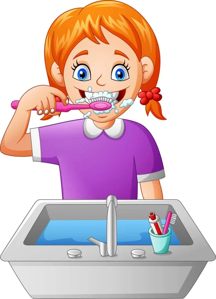 Cartoon Girl Brushing Teeth Vector Illustration — Stock Vector
