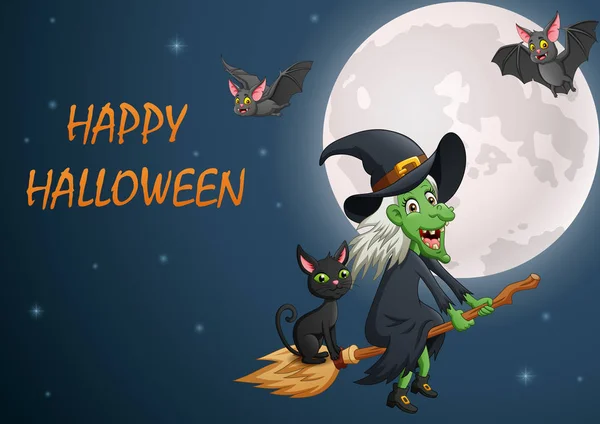 Happy Halloween Cartoon Witch Flying Broomstick Vector Illustration — Stock Vector