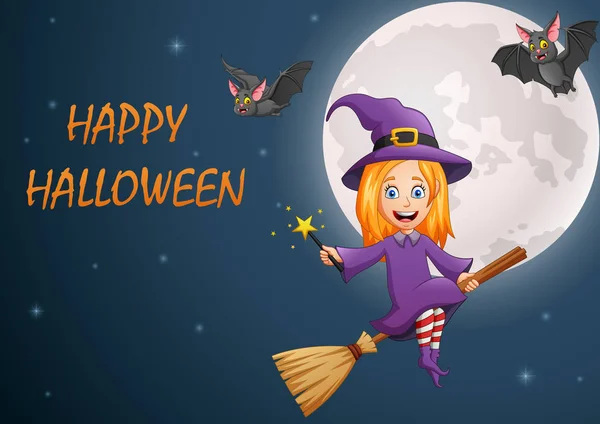 Happy Halloween Cartoon Little Witch Flying Broomstick Vector Illustration — Stock Vector