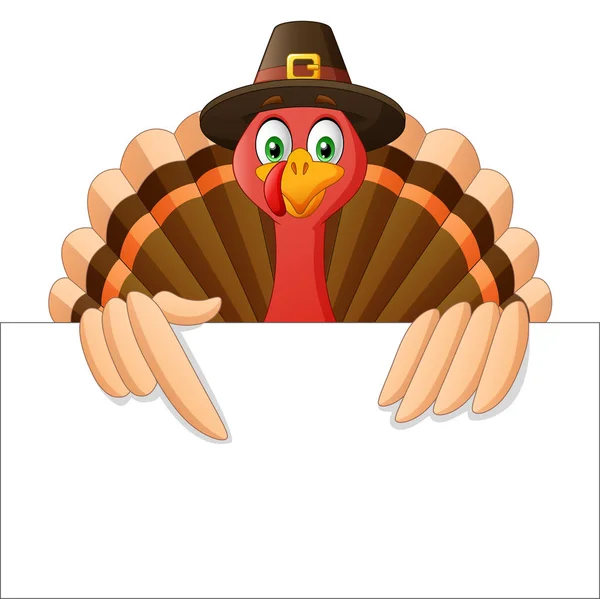 Cartoon Thanksgiving Turkey Bird Mascot Character Holding Blank Sign Vector — Stock Vector