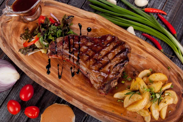 Juicy Appetizing Steak Tamogavok Horse Meat Table Design Cooking — Stock Photo, Image