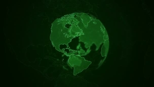 粒子地球绿色 网络地球 数字地球旋转 38402160 行星无缝环路 像素3D 行星地球动画 旋转的地球仪 闪耀着带有重音的边缘的大陆 具有景深和发光的抽象网络动画 — 图库视频影像