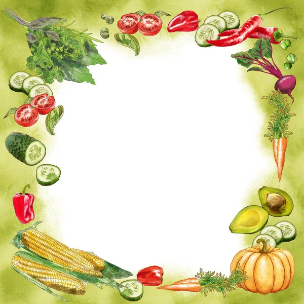 Grönsaker Aquacolor Ram Tomat Gurka Basilika Pumpa Provencalska Örter Morötter — Stockfoto