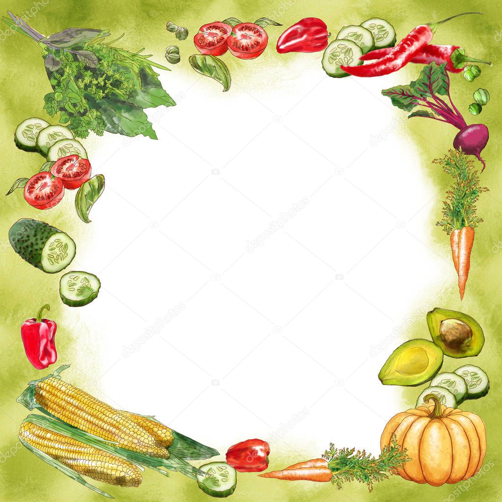 vegetables aquacolor frame tomato; cucumber; Basil; pumpkin; Provencal herbs; carrots; capers; corn; avocado; chili;