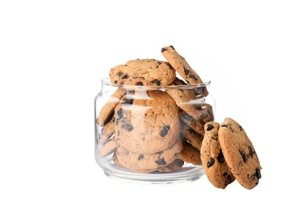 Glazen Pot Met Lekkere Chocolade Chip Cookies Witte Achtergrond — Stockfoto