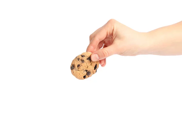 Mujer Sosteniendo Sabrosa Galleta Chispas Chocolate Sobre Fondo Blanco Primer — Foto de Stock