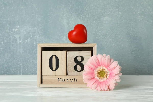 Día Mujer Marzo Con Calendario Bloques Madera Corazón Feliz Día —  Fotos de Stock