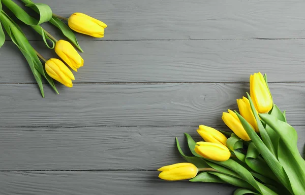 Beautiful Yellow Tulip Flowers Wooden Background Space Text — Stock Photo, Image