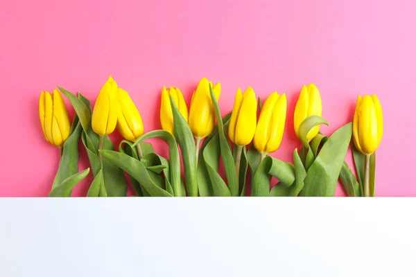Beautiful Fresh Yellow Tulips Blank Card Color Background Space Text — Stock Photo, Image