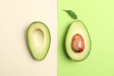Renk arka plan, metin için yer üzerinde olgunlaşmış avokado ile düz yatıyordu kompozisyon. Üstten Görünüm
