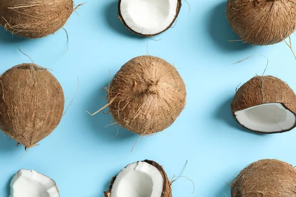 Плоская композиция с кокосами на цветном фоне — стоковое фото