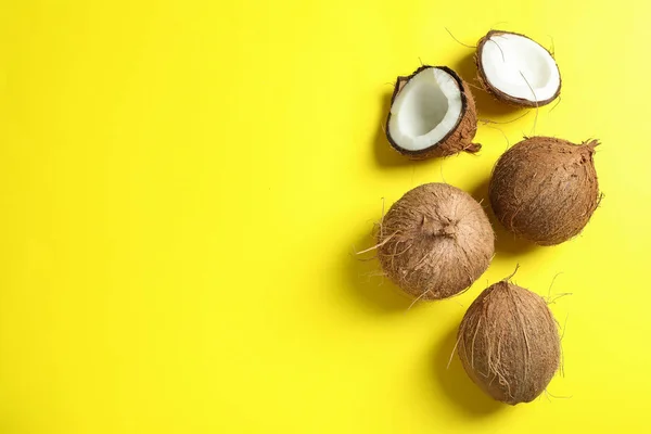 Cocos tropicais sobre fundo de cor, espaço para texto — Fotografia de Stock