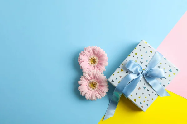 Gerberas con presente sobre fondo en tres tonos, espacio para texto —  Fotos de Stock