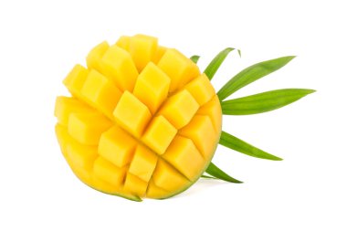 Beyaz arka plan üzerinde closeup izole palmiye yaprağı taze mango