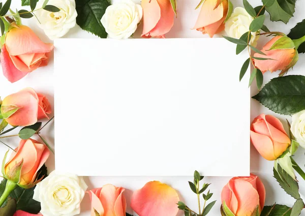 Belas rosas em fundo branco com espaço para texto — Fotografia de Stock