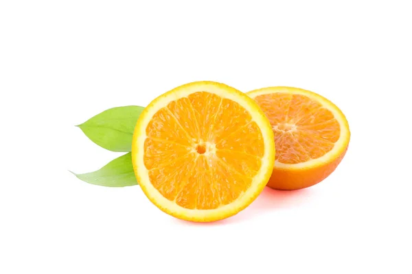 Orange halves with leaves isolated on white background. Citrus f — Stock Photo, Image