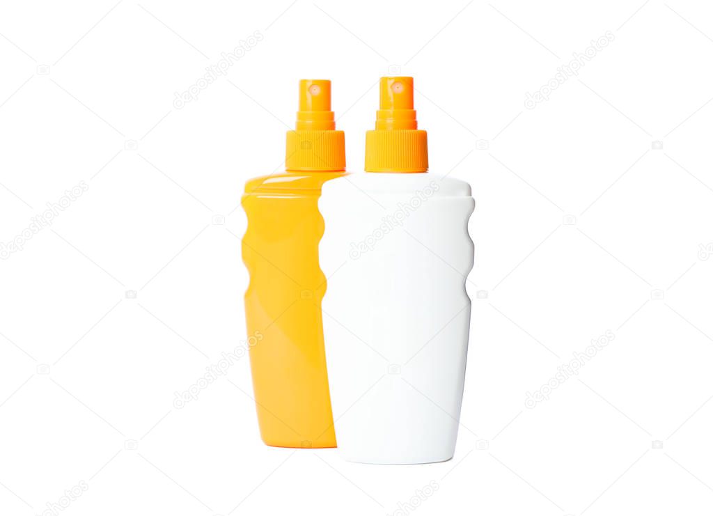 Sunscreen sprays isolated on white background. Summer vacation a