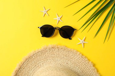 Hasır şapka, güneş gözlüğü, denizyıldızları ve palmiye yaprağı renkli backgro