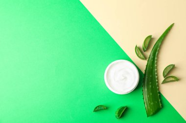 Aloe vera krem, yaprakları ve dilimleri iki ton arka plan, boşluk