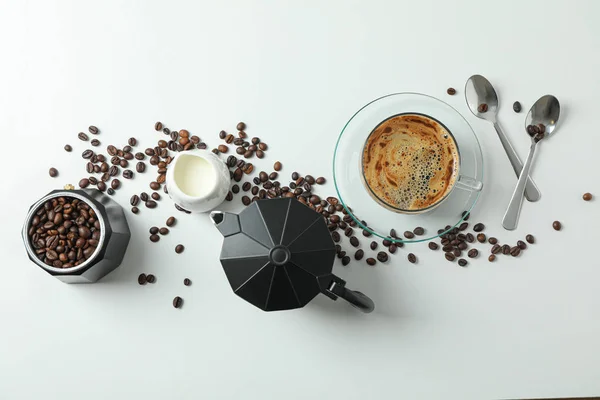 Flat lay composition with coffee time accessories on white backg