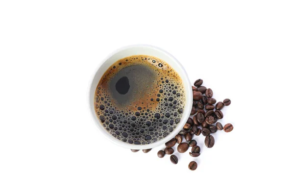 흰색 배경에 분리 된 커피 콩종이 유리, 상단 — 스톡 사진