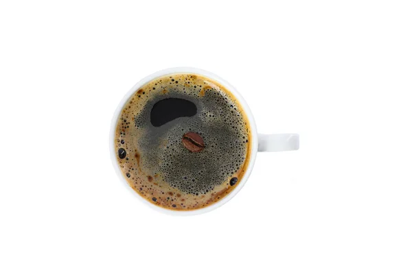 Xícara de café com grão de café isolado em fundo branco, topo — Fotografia de Stock