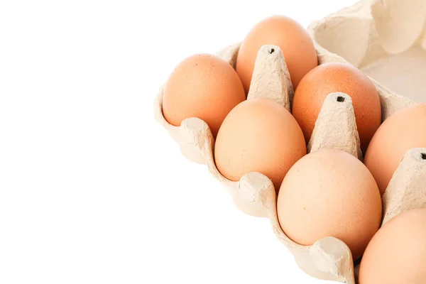 Коричневі курячі яйця в картонній коробці ізольовані на білому тлі — стокове фото