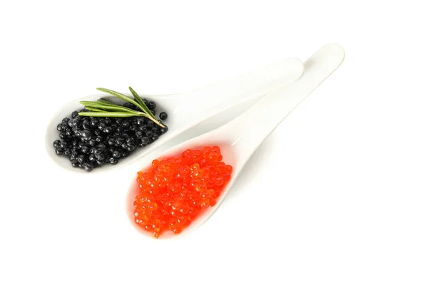 Cucharas de vidrio con caviar aislado sobre fondo blanco —  Fotos de Stock