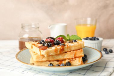 Composition of breakfast with belgian waffles, space for text clipart