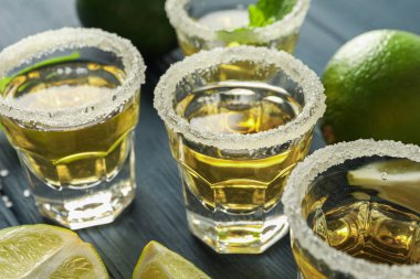 Tekila çekim, tuz, limon dilimleri ve ahşap masada nane, closeup