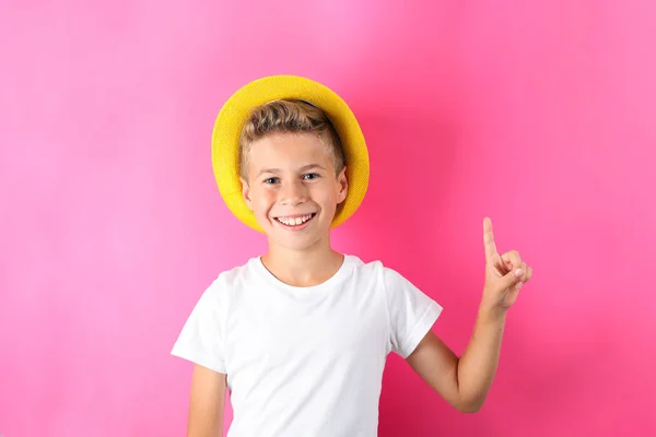 Boy with hat against color background, space for text — Stock Photo, Image