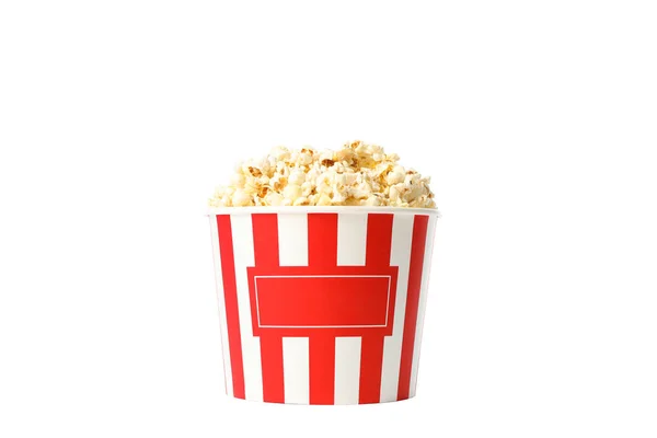 Striped bucket with popcorn isolated on white background — Stock Photo, Image