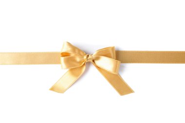 Beyaz arka plan üzerinde izole yay ile Altın kurdele. Hediye concep