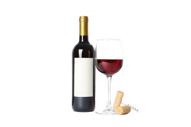 Kırmızı şarap ile şişe ve cam, beyaz sırt izole tirbuşon