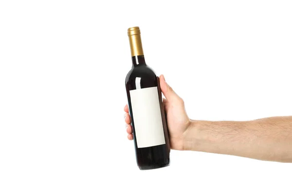 Male hand holding bottle of wine, isolated on white background — Stock Photo, Image