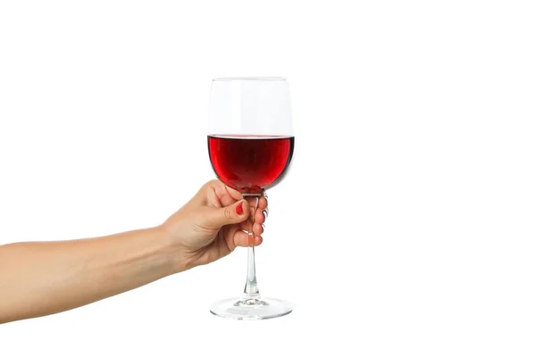 Female hand hold glass with wine, isolated on white background — Stock Photo, Image