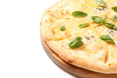 Beyaz arka plan üzerinde izole peynir pizza ile Ahşap tahta