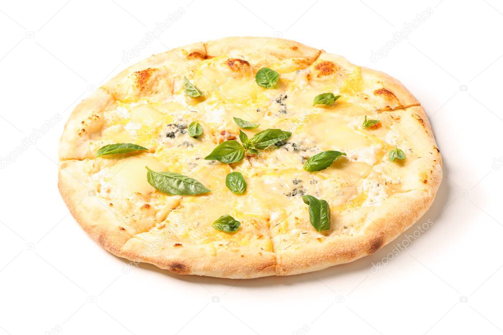 Tasty cheese pizza with basil isolated on white background