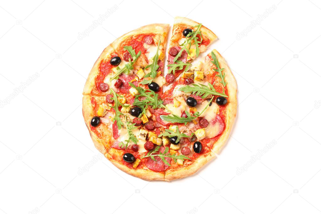 Meat pizza with arugula isolated on white background, top view