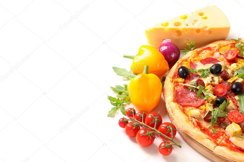 Tasty pizza and ingredients isolated on white background