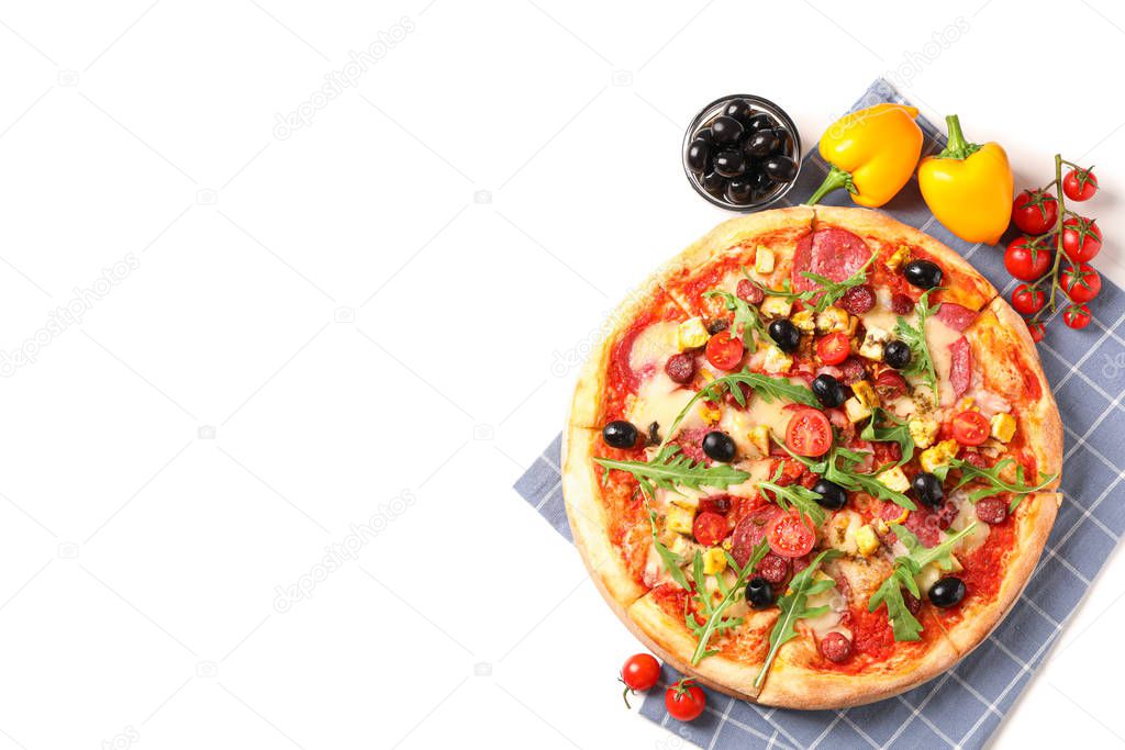 Tasty pizza, ingredients and towel isolated on white background