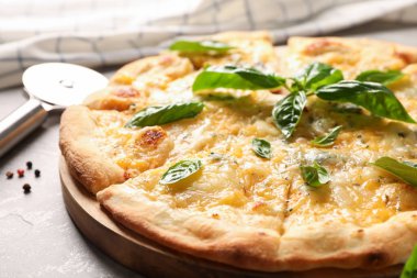 Fesleğen, kesici ve gri arka plan üzerinde baharat ile Peynir pizza, c