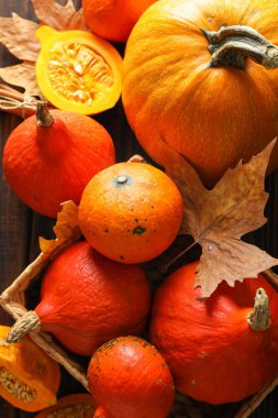 Pumpkins in straw basket on wooden background, top view