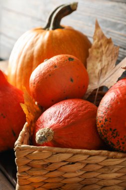 Ahşap arka planda saman sepetinde kabaklar, yakın