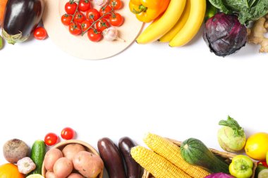 Olgun sebze ve meyve izole ile Kompozisyon. Üstte görüntü