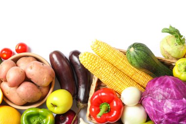 Beyaz izole sebze ve meyve ile Kompozisyon. Üst vi