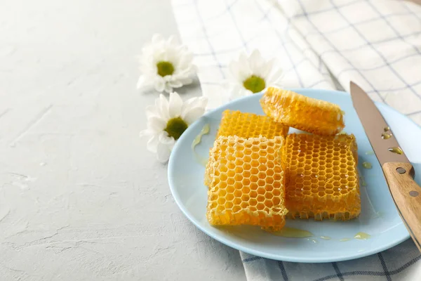 Plate with honeycombs and knife on white background, space for t — Stock Photo, Image