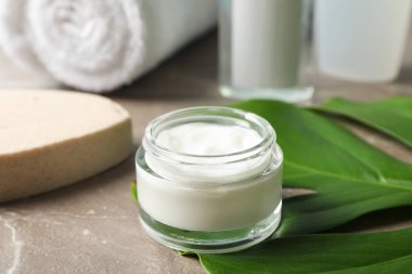 Palmiye yaprakları, krem, sünger, duş jeli, şampuan ve havlu, yakın