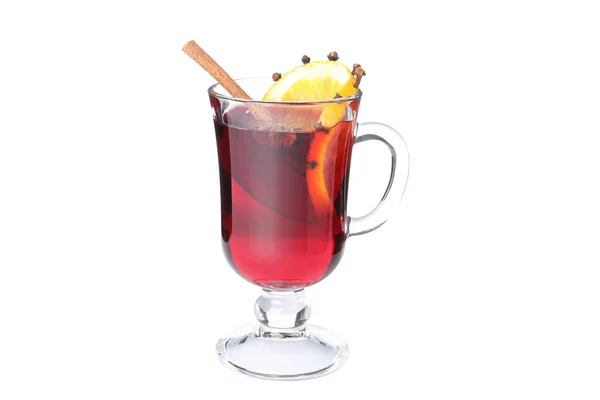 Glass of tasty mulled wine with lemon isolated on white backgrou — Stock Photo, Image