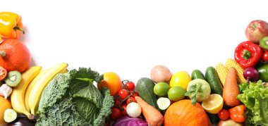 Olgun sebze ve meyve izole ile Kompozisyon. Üstte görüntü